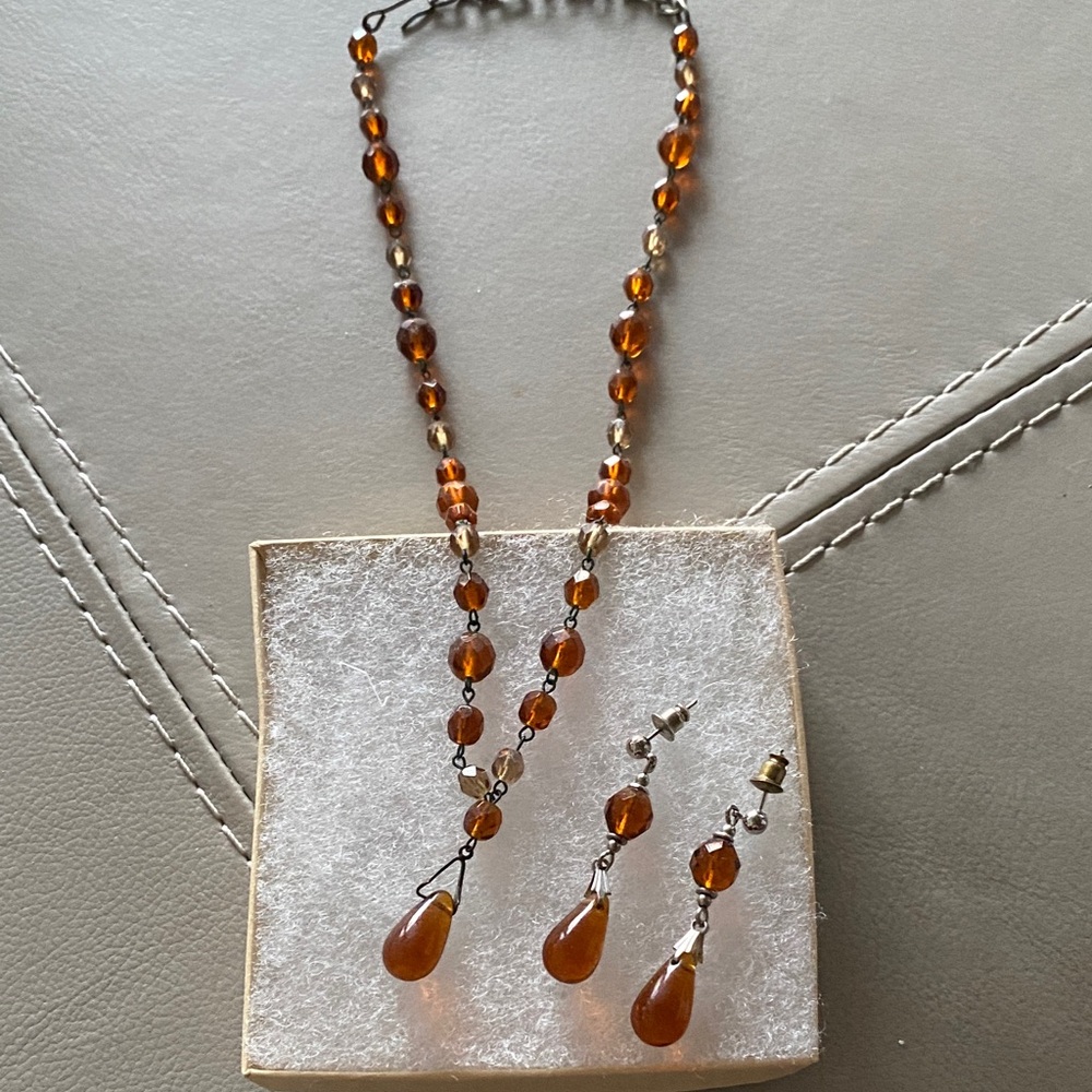 Amber Colored  Beaded Necklace and Earring Set